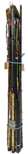 An assortment of various fishing rods, mainly sea and coarse fishing rods, mainly lacking bags.
