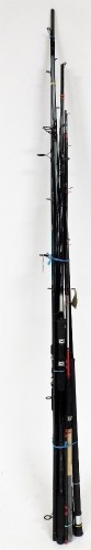 An assortment of six various fishing rods, all lacking bags, and a Garcia Mitchell 600 multiplying sea fishing reel.