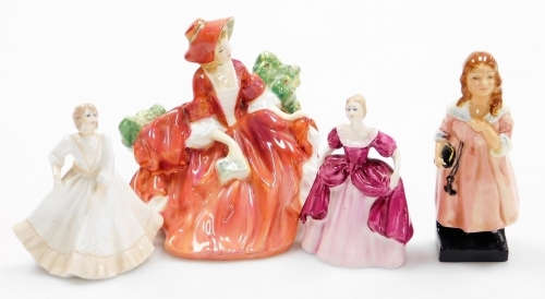 A collection of porcelain figures, to include Royal Doulton figure of Lydia, 12cm high, Coalport figure of Sharon, Royal Doulton figure of Little Nel, etc. (a quantity)