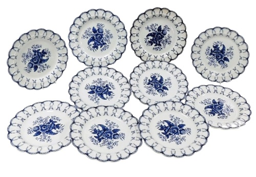 A set of ten Booths blue and white plates, in Worcester style, each with floral fret border and central fruits and flowers design, with B emblem to reverse, 23cm diameter.