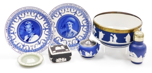 A collection of Wedgwood and other Jasperware, to include a Wedgwood black Jasperware trinket box and cover, 10cm wide, Wedgwood box cabinet plates, a Dunstable dark blue Jasperware bowl with a plated rim, decorated with Neoclassical figures, etc., 22cm d