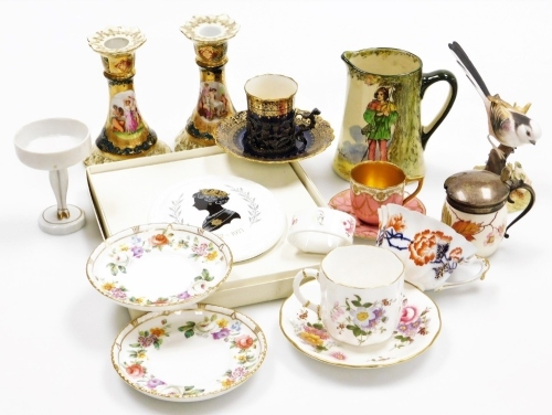 A collection of pottery & porcelain, to include a Wedgwood porcelain mustard pot, the silver lid and collar on a leaf and flower decorated porcelain body, 6.5cm high, an Aynsley coffee can and saucer, the coffee can holder stamped 925, a Royal Crown Derby