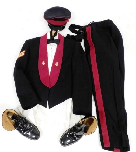 A sergeants dress suit, comprising trousers with braces, jacket, shirt, hat and Sanders size 10 patent boots, size of suit unknown.