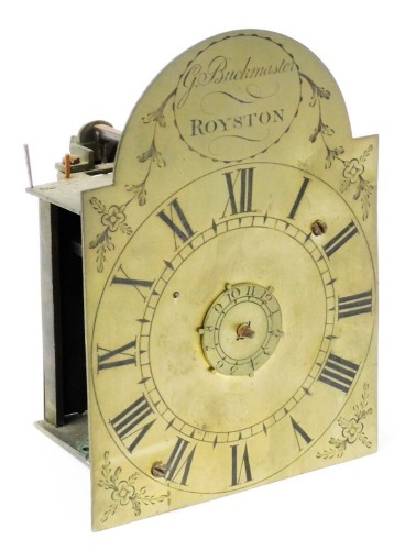 G Buckmister, Royston. An 18thC lantern clock, the brass plate front with Roman Numerals and central twelve day dial, 17.5cm high, 13cm wide.