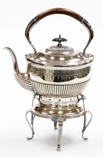 A James Dixon electro plated kettle on stand, with a bentwood handle, ebonised knop, and engraved and part fluted body, on stand, 32cm high.