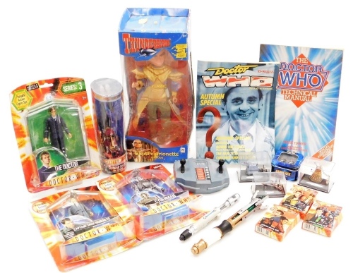 A collection of toys, to include a Thunderbirds Supermarionett The Hood doll, boxed, various Doctor Who figures, to include The Doctor, Captain Jack Harkness, Cyberman, Dalek keyring, Doctor Who autumn special magazine, etc. (a quantity)