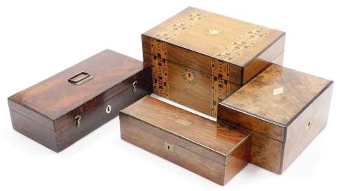 A collection of wooden boxes, to include a 19thC rosewood and ebony bound jewellery casket, with a diamond shaped vacant cartouche to the hinged lid, 20cm wide, a rosewood and brass bound glove box, 23.5cm wide, etc. (a quantity)