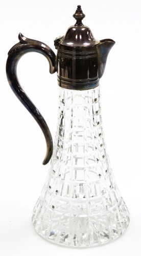 An early 20thC cut glass claret jug, with plated mounts and bell shaped body, with urn finial and thumb mould handle, 32cm high.
