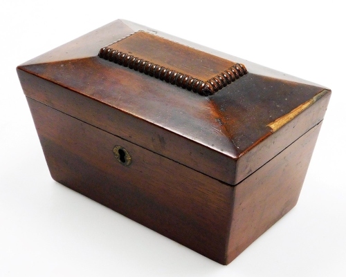 A 19thC mahogany tea caddy of sarcophagus form, with sectional foil lined interior, 14cm high, 20cm wide, 10cm deep.