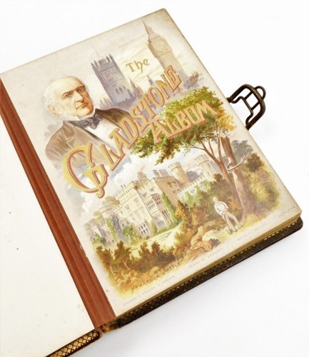 A leather bound musical photograph album, containing various photographic portraits, the rear panel enclosing a musical movement.
