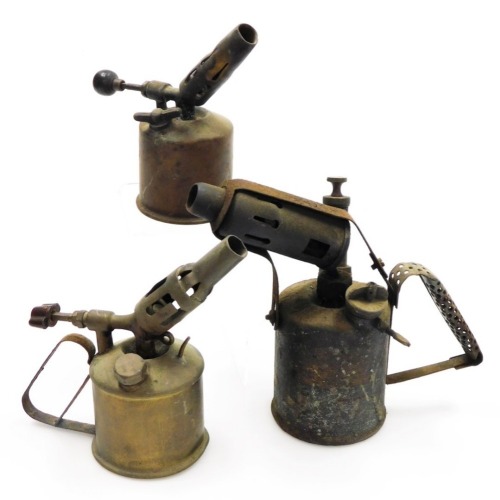 Three early 20thC metal blow torches, 22cm high, etc. (3)