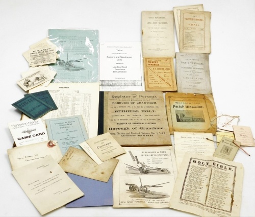 Various local related ephemera, booklets, etc., notes on Grantham Church, Palmers Almanck 1920, two speeches delivered by Lord John Manners, Woolsthorpe Parish Magazine, other vintage ephemera, booklets, magazines, etc. (a quantity)