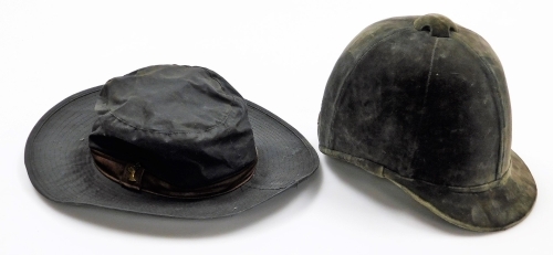 Two various hats, to include a Patey of London green velvet riding cap, interior measurement 21cm x 16xm, and a gentleman's wide brimmed leather rain hat, size medium. (2)