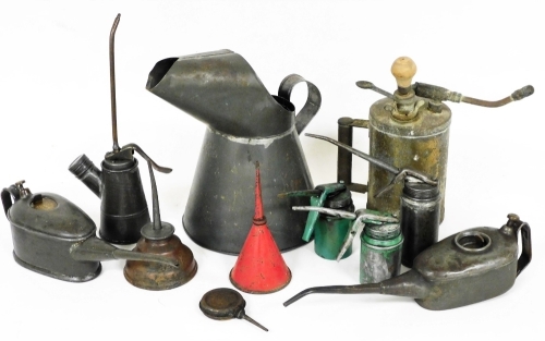 Various metalware, oil cans, early 20thC funnel, 16cm high, etc. (a quantity)