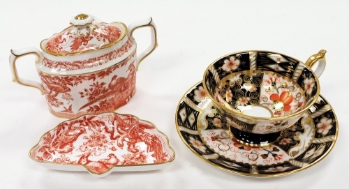 A Royal Crown Derby porcelain 2451 Imari cabinet cup and saucer, shell shape dish, 13cm wide, and a miniature two handled sugar bowl, seconds. (a quantity)