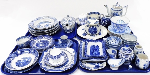 Various blue and white pottery, Oriental and others, Abbey pattern Shredded Wheat bowls, partially transfer printed 15cm wide, various other blue and white, prunus style ginger jar, lacking cover, various other blue and white tureens, Old Chelsea pattern 