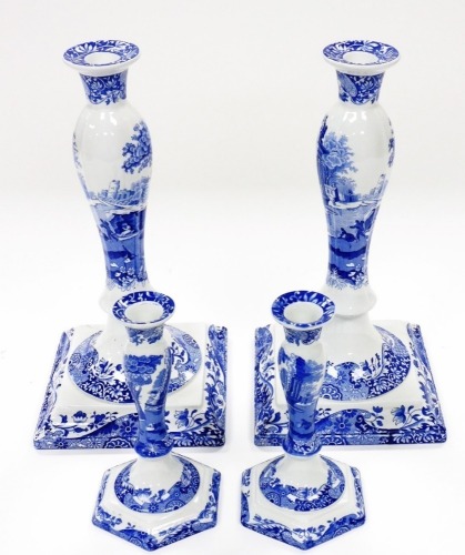 A pair of Copeland Spode Italian blue and white candlesticks, of shaped form, 34cm high, and two others smaller. (4)