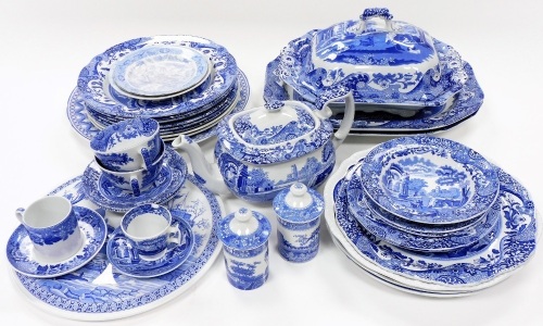 Various blue and white china Copeland Spode Italian, various eras and items, teapot, lidded tureen, 31cm wide, bowls, lidded jars, bread plate, etc. (a quantity)