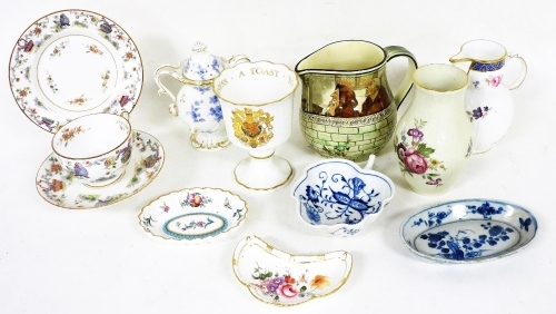 Various china, porcelain and effects, a Caughley mask head Coalport commemorative jug, with beak spot, 14cm high, Coalport lidded case, Royal Doulton Poor Little Lame jackdoor jug, leaf shaped pickle dish, cabinet trio, crescent shaped Royal Crown Derby d