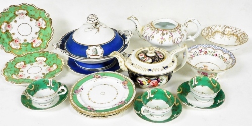 A 19thC English porcelain teapot, profusely decorated with flowers with gilt highlights, 15cm high, a further 19thC teapot, slop bowl, lidded tureen, various cabinet cups, saucers, other 19thC, Rockingham style Allsop plates, etc. (a quantity)