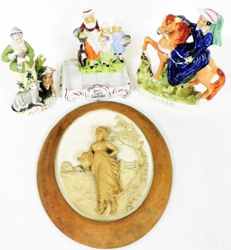 A Yardley English Lavender advertising soap dish, 19cm high, Cunst Dresden continental figure of a shepherdess aside sheep and dog, a James Hadley raised plaque Where Are You Going To My Pretty... (4)