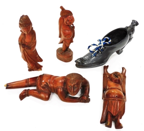Various polished Chinese figures of sages, various other figures in flowing robes, 12cm high, miniature metal shoe ornament, etc. (a quantity)