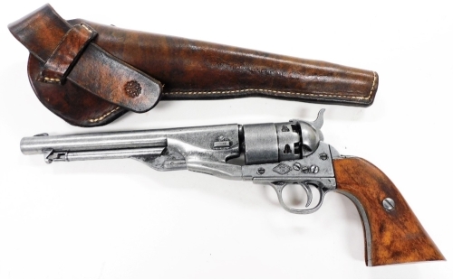 A non firing replica model of an 1860 colt, in cross drawer holster, 34cm wide.