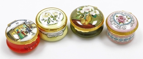 Various Pill&nbsp;boxes, a Halcyon Days enamel box For My Love, of circular form, 5cm diameter, and three others. (4)