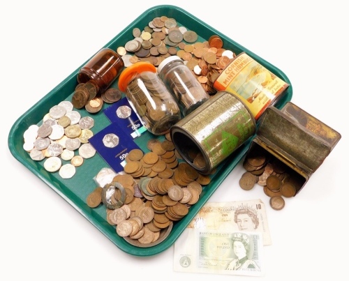 Various coins, low denomination and others, bank notes, ten pound note, Darwin, Lowther, AA65 964833, one pound note, two pound coins, thistle backs, 1986, various fifty pence pieces to include Hans, low denomination pre decimal used, half pennies, etc. (