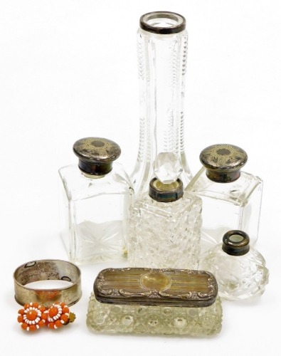 Various silver topped dressing table jars, cut glass specimen vase, 18cm high, various other jars, etc. (a quantity)