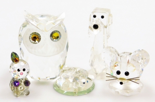 Various Swarovski crystal ornaments, owl, marked beneath, 7cm high, dog, etc. (5)