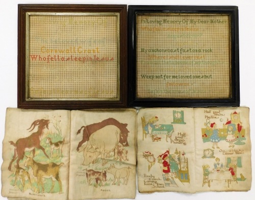 A Victorian motto sampler, In Loving Memory, Cornwall Grant, another In loving memory of My Dear Mother, 1977, 20cm x 23cm, flag book by Deans. (a quantity)