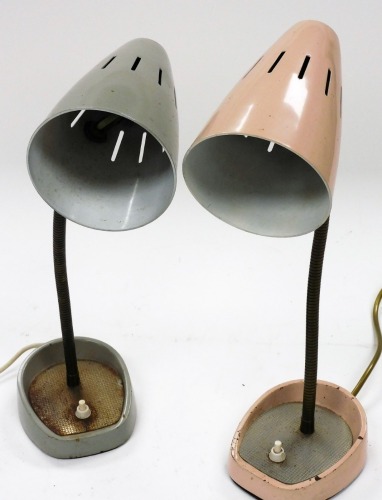 Two vintage adjustable lamps, with articulated stems, on shaped bases and with cone shades, 42cm high. (2, AF)