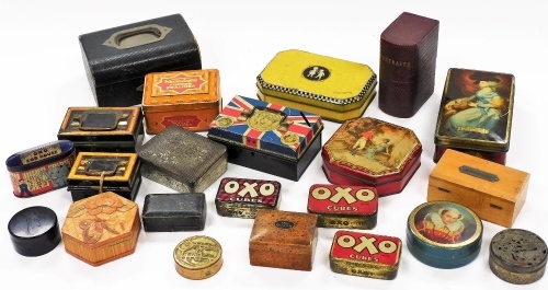 Various tins, Oxo cubes, other tins, domed pressed jewellery casket, 15cm wide, sycamore money box, etc. (a quantity)