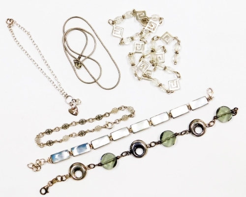 A group of silver and other jewellery, to include three bracelets, two stone set, various chains, etc, some marked 925, others unmarked.
