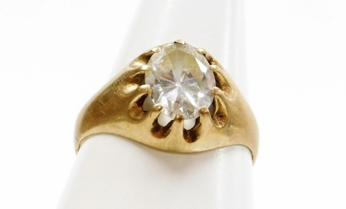 A 9ct gold single stone set dress ring, set with oval imitation diamond, in a claw setting, ring size S, 3.5g all in.