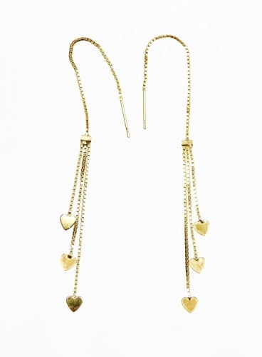 A pair of heart drop earrings, each with box link chain drop, yellow metal unmarked, 1.6g all in.
