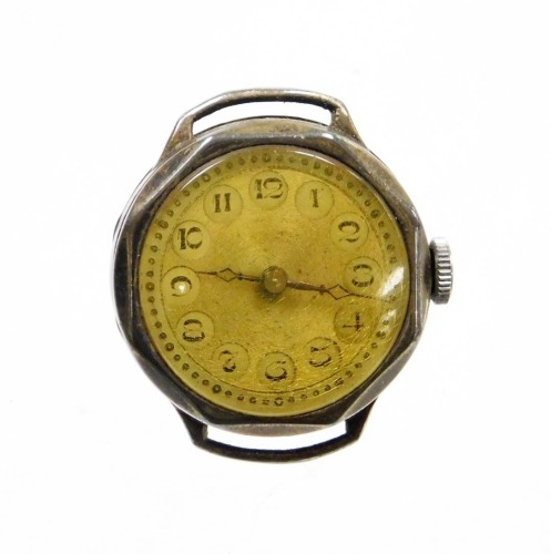 A silver cased wristwatch head, with silver coloured dial with gold handles and out button detailing, 15.1g all in.