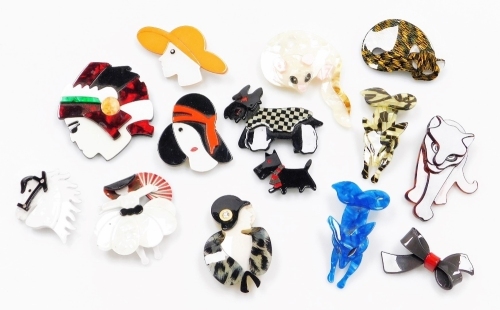 Fourteen Lea Stein style Perspex brooches, to include Art Deco figures, cats, dogs, bows, etc.