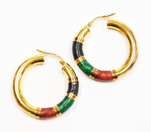 A pair of 9ct gold hoop earrings, with coloured insets, marked 375, 3.2g, 2.5cm drop.