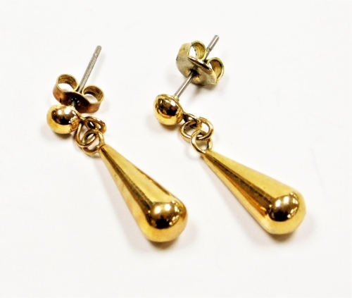 A pair of tear drop earrings, yellow metal, marked 375, with butterfly backs, 2.5cm long.