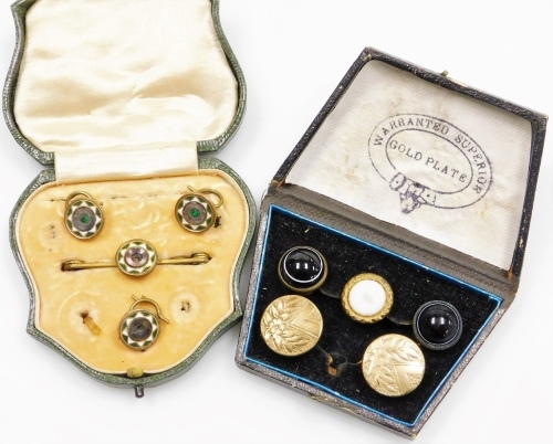 Two cased collar stud sets, to include one set with enamel, gold plated, and two agate set cufflinks, two boxed. (a quantity)