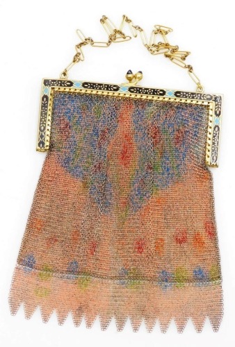 A mesh and enamel evening purse, the coloured mesh body with chrome fittings, with enamel detailing in pale blue and navy, 12cm high.