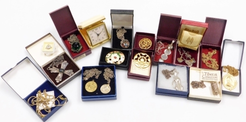 A group of various costume jewellery, to include pendants and chains, bracelets, gold plated wares, a silver and enamel miniature pendant, etc. (1 tray)
