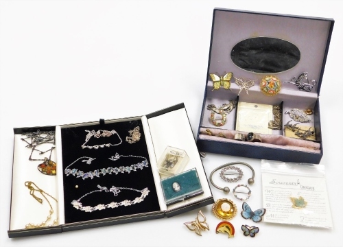 Costume jewellery and effects, brooches, silver dress ring, stone set earrings, etc. (2 boxes)