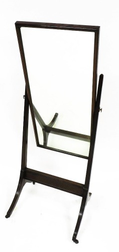 A 20thC mahogany framed cheval mirror, of plain rectangular form, on plain stand, terminating in sabre legs with castors, 155cm high.