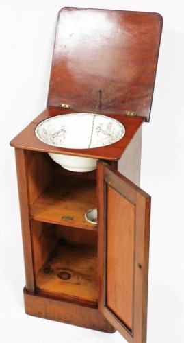 A late Victorian mahogany pot cupboard, of D end square form, with panelled door, on a plinth base, 76cm high, 41cm wide, 39cm deep.