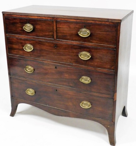 A George III mahogany chest of two short and three drawers, each with plate back handles, on splayed legs, 102cm high, 99cm wide, 47cm deep.