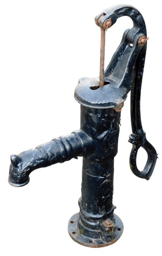 A 20thC cast iron water pump, of small proportion, with articulated s scroll arm and front tap, on a circular base, with open fitting, painted black, 67cm high.
