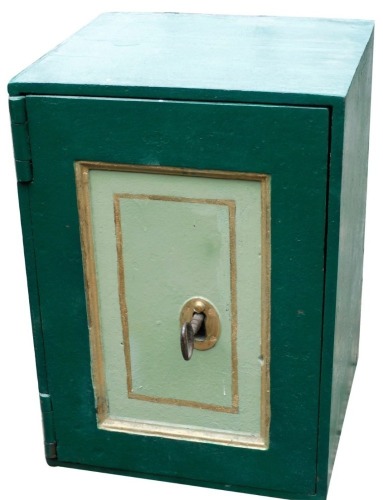 An early 20thC pained cast iron single door safe, of rectangular form, with fitted interior, painted in green and gilt colours, with key, 46cm high, 33cm wide, 30cm deep.